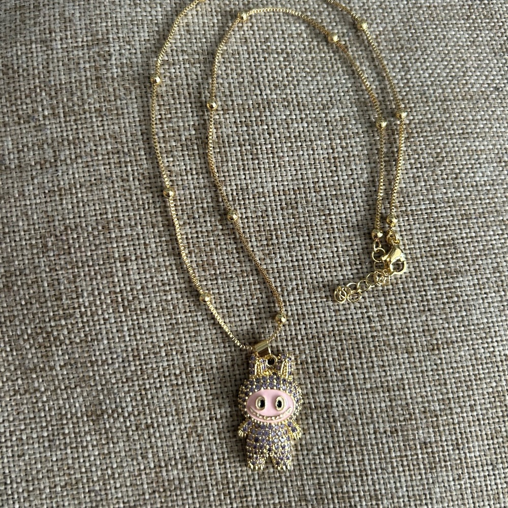 Gold & Purple Crystal Labubu Pendant W/Necklace